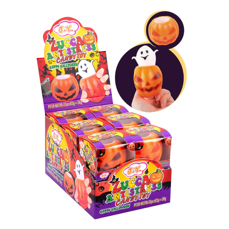 Zucca Antistress Halloween - Candy Toy - Con Caramelle - Joy Gum - Espositore da 12 pz