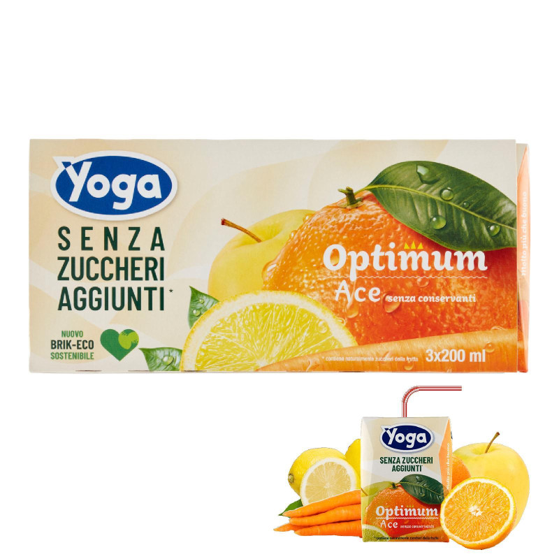 8 Confezioni Succo di Frutta Yoga - Optimum -Ace  - Senza Zuccheri - 3 x 200 ml