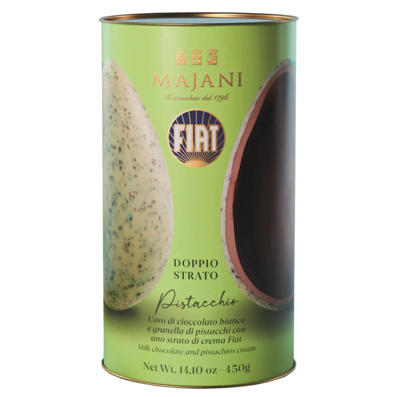 Uovo Cioccolato Bianco Majani - Fiat - Doppio Strato - Pistacchio con Sorpresa - Latta da 450 g