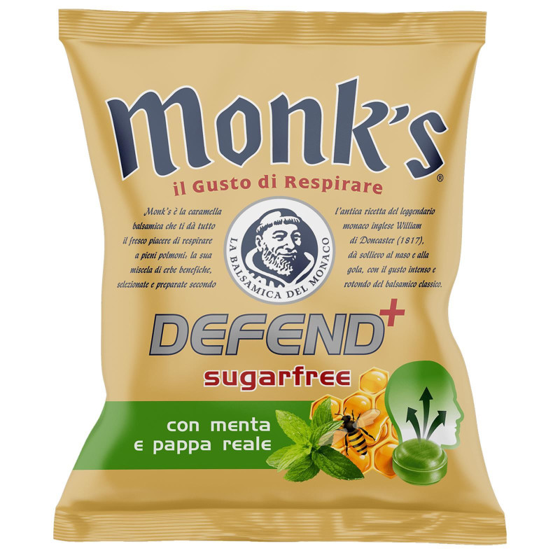 Caramelle Monk's - Defend+ al Gusto Con Menta e Pappa Reale - Bustina 46 gr Senza Zuccheri