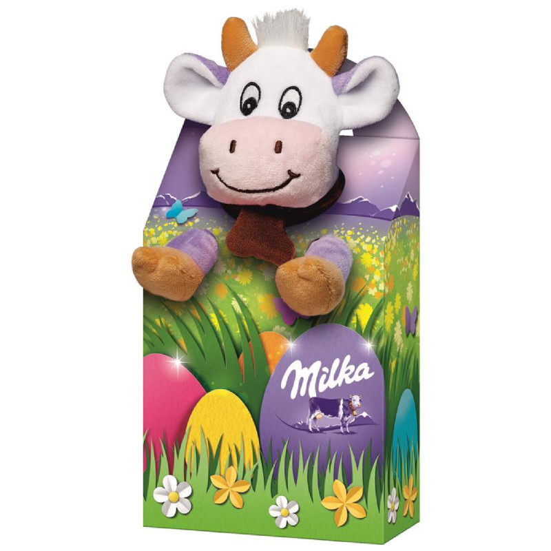 Peluche Milka - Pasqua - Mix Cioccolato - Mucca con Ovetti e Barrette 4 Pezzi