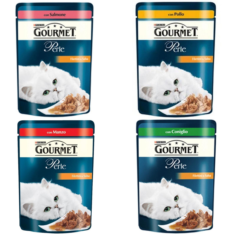 Purina Gourmet - Le Perle per Gatti - Salmone, Pollo, Manzo e Coniglio - 85 gr - 96 Pezzi