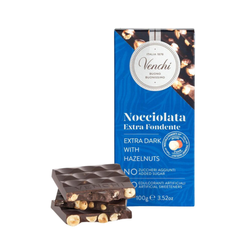 Tavoletta Venchi - Cioccolato Extra Fondente con Nocciole - No Zuccheri Aggiunti - 70 g